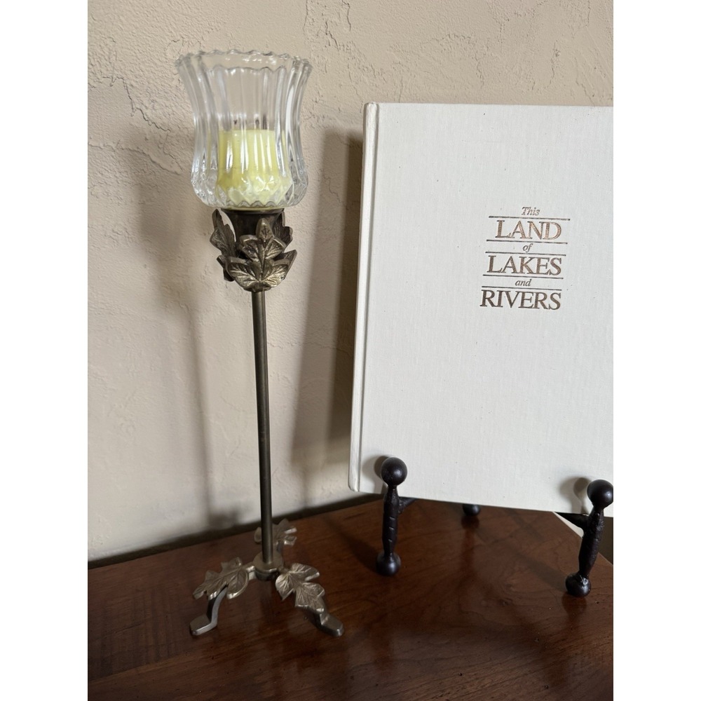Vintage Brass Leaf Taper Candle Holder with Ruffled Glass Votive Hurricane Cup